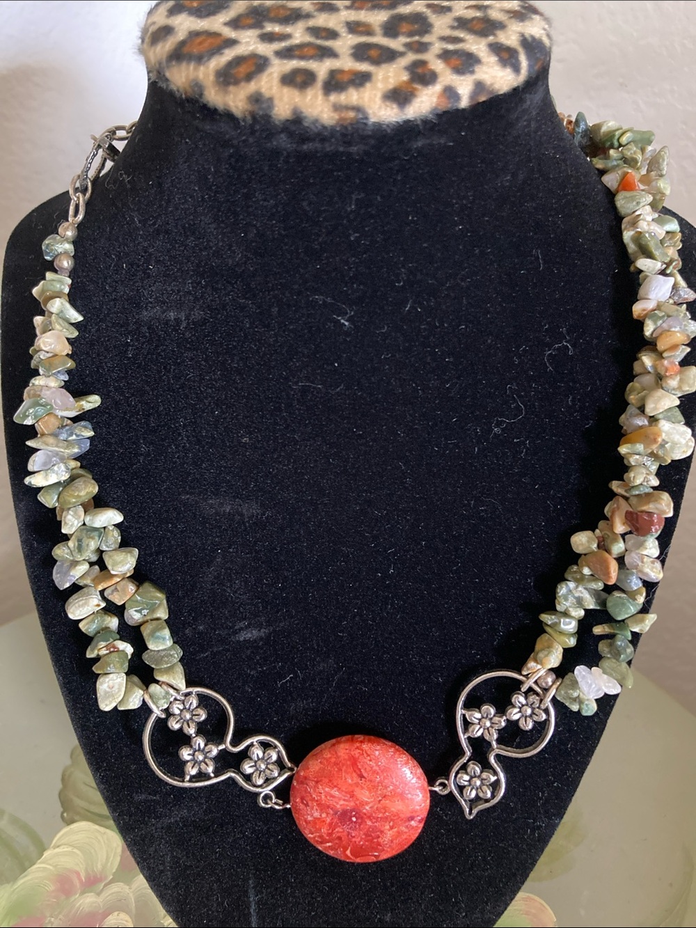 Green Chip Bead Necklace with Coral Accent and Silver Floral Connectors